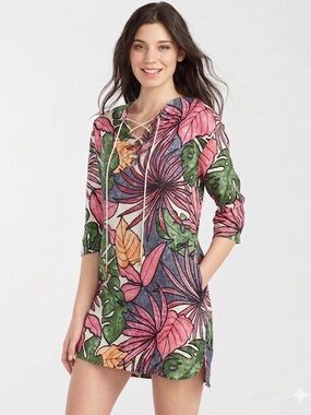 Tommy Bahama Lace-Up Floral Retro Linen Tunic Dress/ Cover Up - Size L